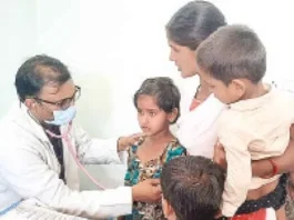 Children attend free medical camp to receive healthcare services.