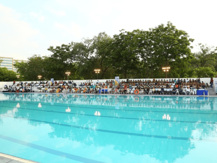Hyderabad Public School unveils new Olympic-sized swimming pool for students and faculty use.