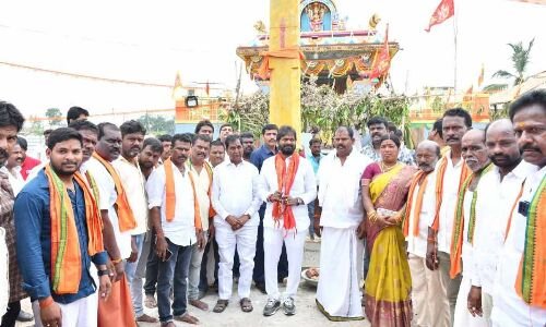 Minister Srinivas Goud Participates in Temple Ceremony in Rangareddy