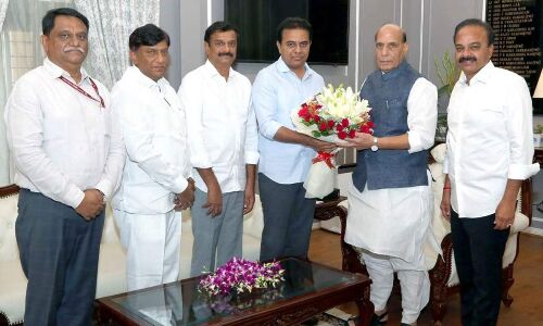 KTR holds meeting with Rajnath Singh regarding defence land