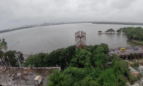 City's Hussainsagar Lake filled to the brim with heavy monsoon rainfall