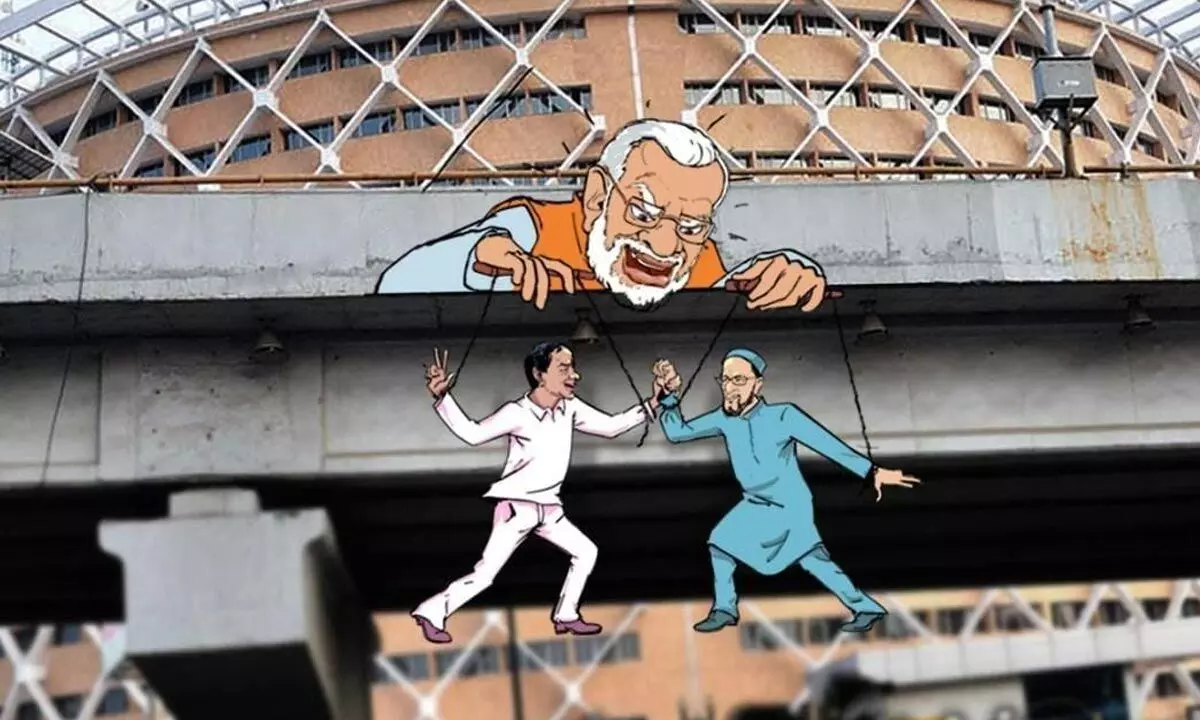 Congress puts up posters portraying KCR and Owaisi as puppets under PM Modi's control