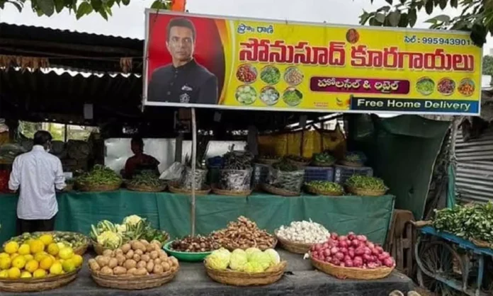 Woman opens vegetable stall in honor of Sonu Sood at Khammam Market