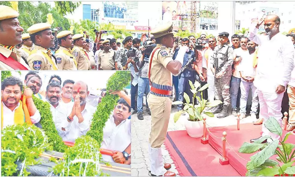 Bandi Sanjay Kumar greeted with a grand welcome on his first visit as Minister