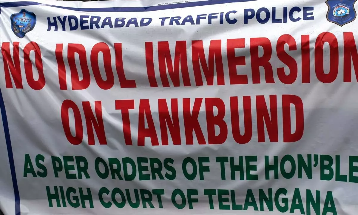 Authorities Install Banners on Tank Bund Banning Ganesh Idol Immersion