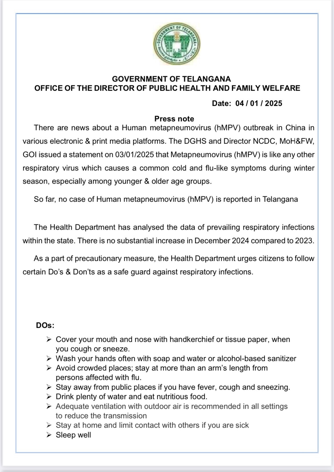 Human Metapneumovirus (hMPV) Scare: Telangana Health Dept Issues Important Update!