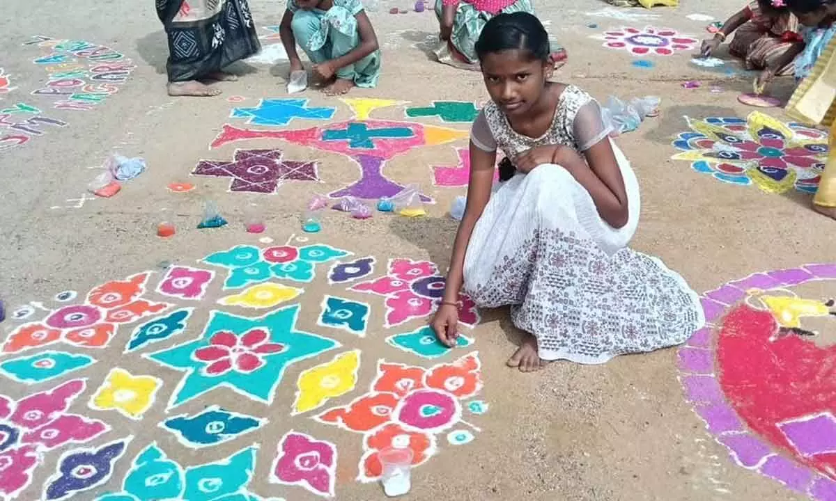 Saraswati Sishu Mandir in Nagarkurnool Hosts Grand Rangoli Competition